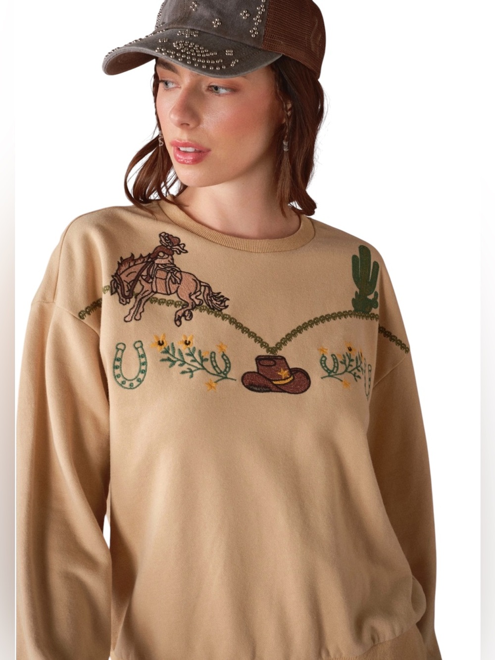 NEW blue b Tan Brown Green Cactus Western Embroidered Terry Pullover Sweatshirt